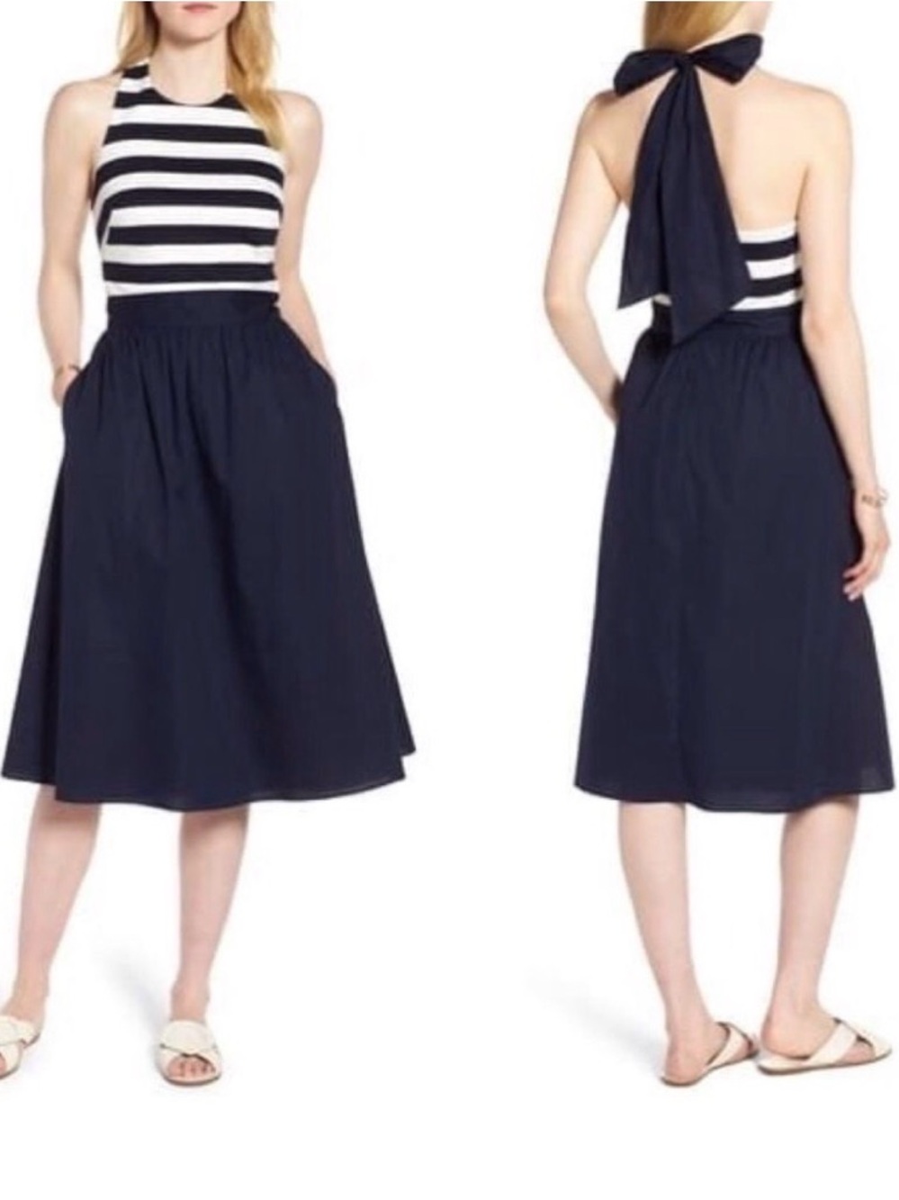 1901 Stripe Halter A Line Pockets Midi Dress in Navy White Size 2 Petite